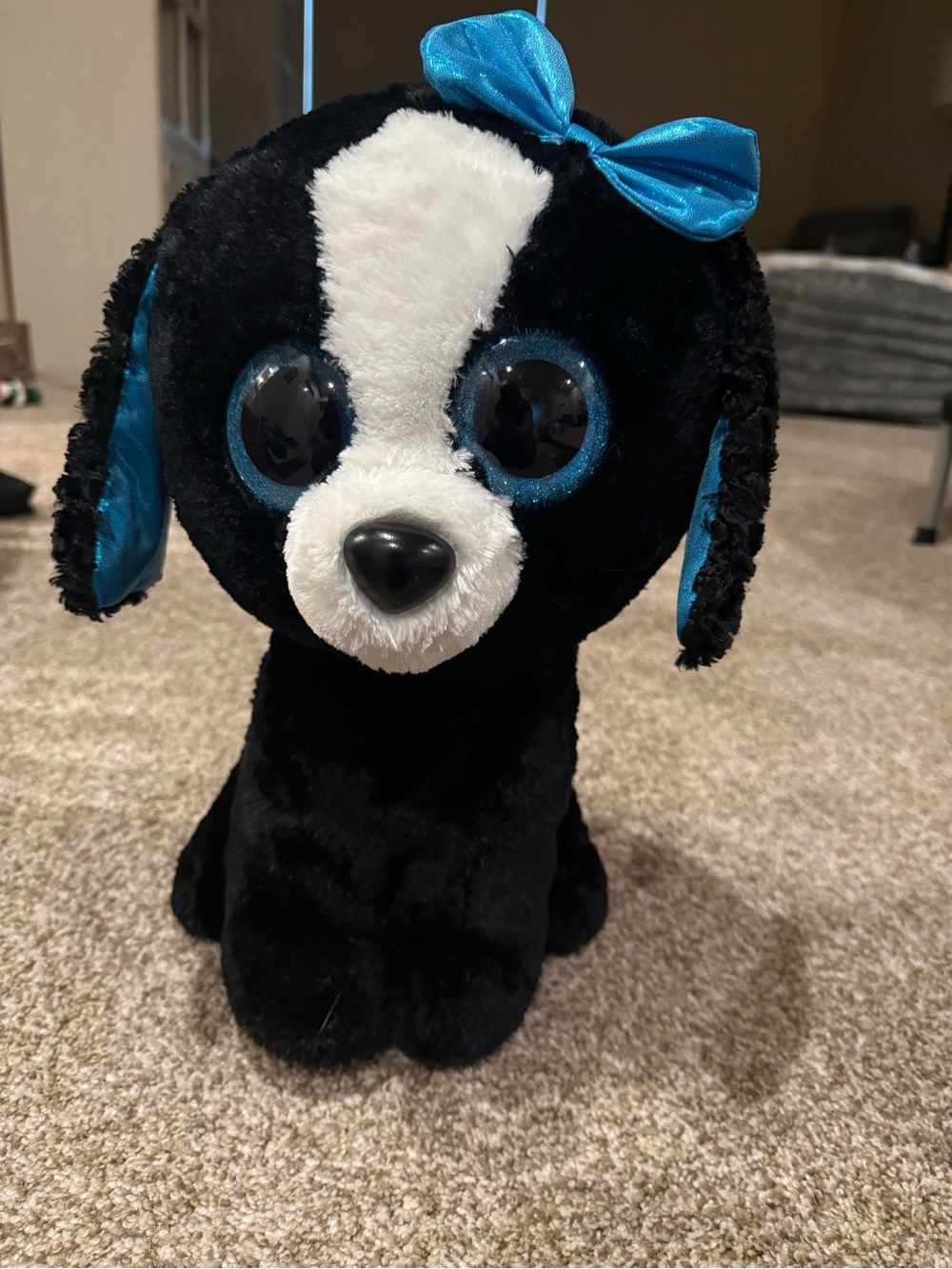Plush Black and White Puppy beanie boo with Blue Accents